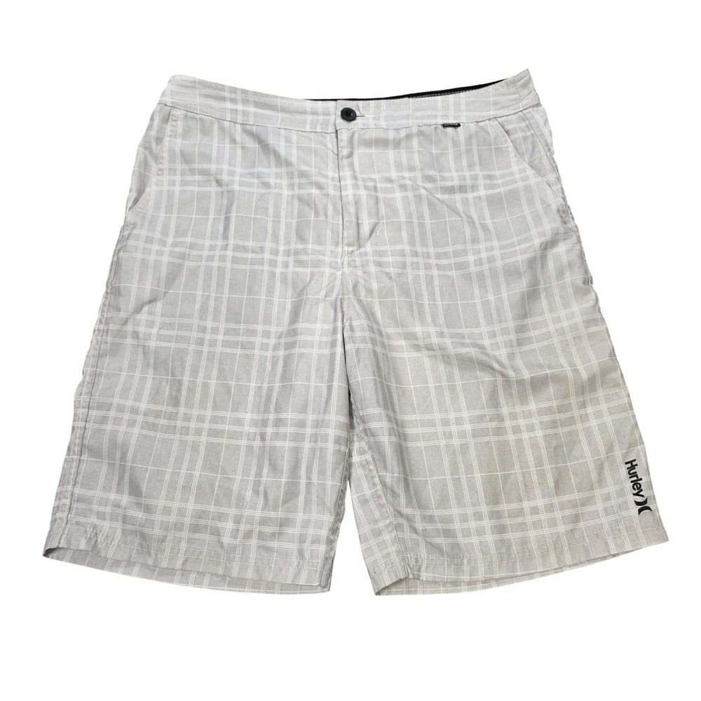 Hurley Phantom Plaid Board Shorts Men's Size 30 Grey White Hybrid Button Zip Fly